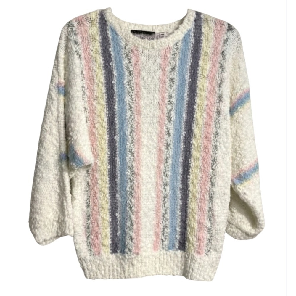 VTG Bramble Lane Sweater OFF-WHITE POPCORN KNIT Pastel Rainbow Stripes Dolman M